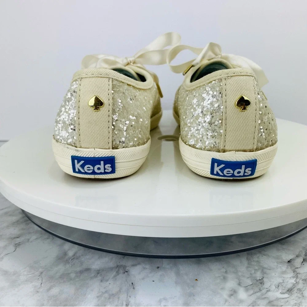 Kate Spade Keds Sneakers Womens 5.5 White Cream Satin Lace Glitter Dipped Bridal
